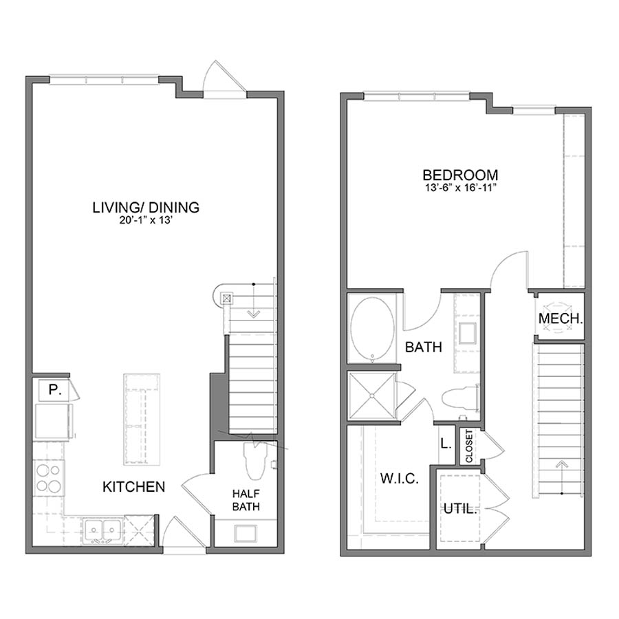 Rendering of the WH.THA3 floor plan with 1 bedroom[s] and 1.5 bathroom[s] at Apartments at the Sound