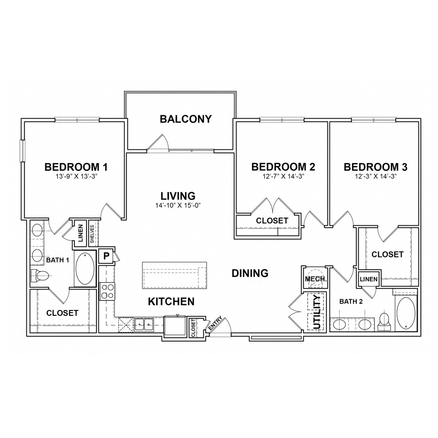 Rendering of the BB.C1 floor plan with 3 bedroom[s] and 2 bathroom[s] at Apartments at the Sound