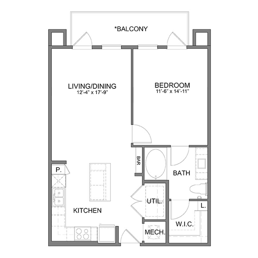 Rendering of the WH.A4.3 floor plan with 1 bedroom[s] and 1 bathroom[s] at Apartments at the Sound